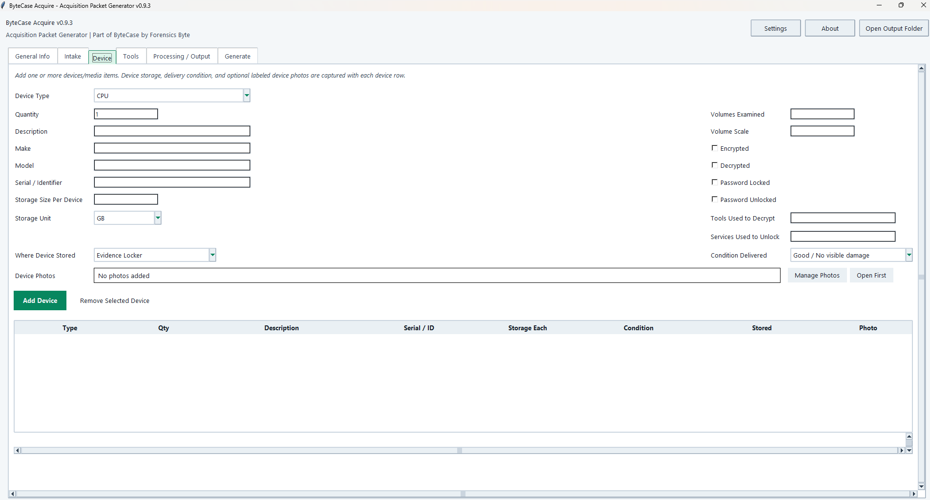 ByteCase Acquire device tab showing identifiers, storage, encryption, condition, location, and photographs