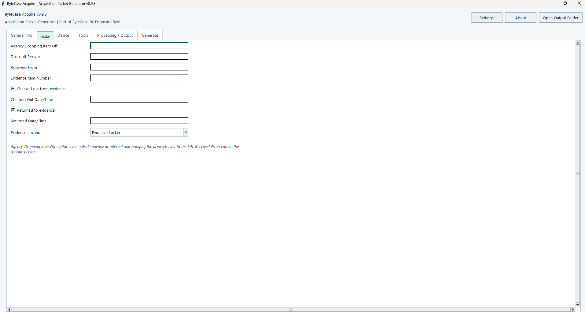 ByteCase Acquire intake tab showing evidence receipt, storage, checkout, and return details