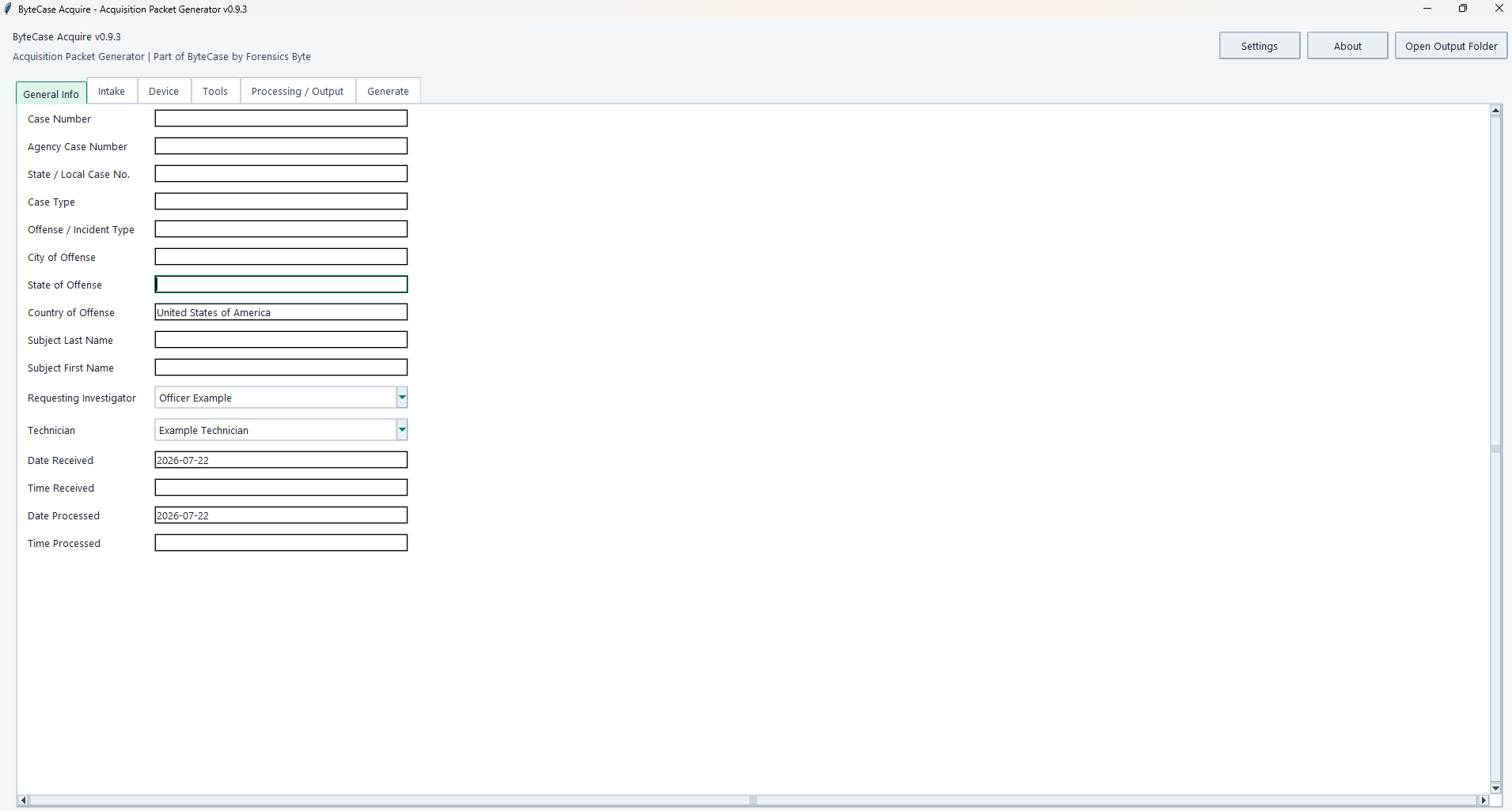 ByteCase Acquire general information tab showing case identifiers, subject information, personnel, and dates