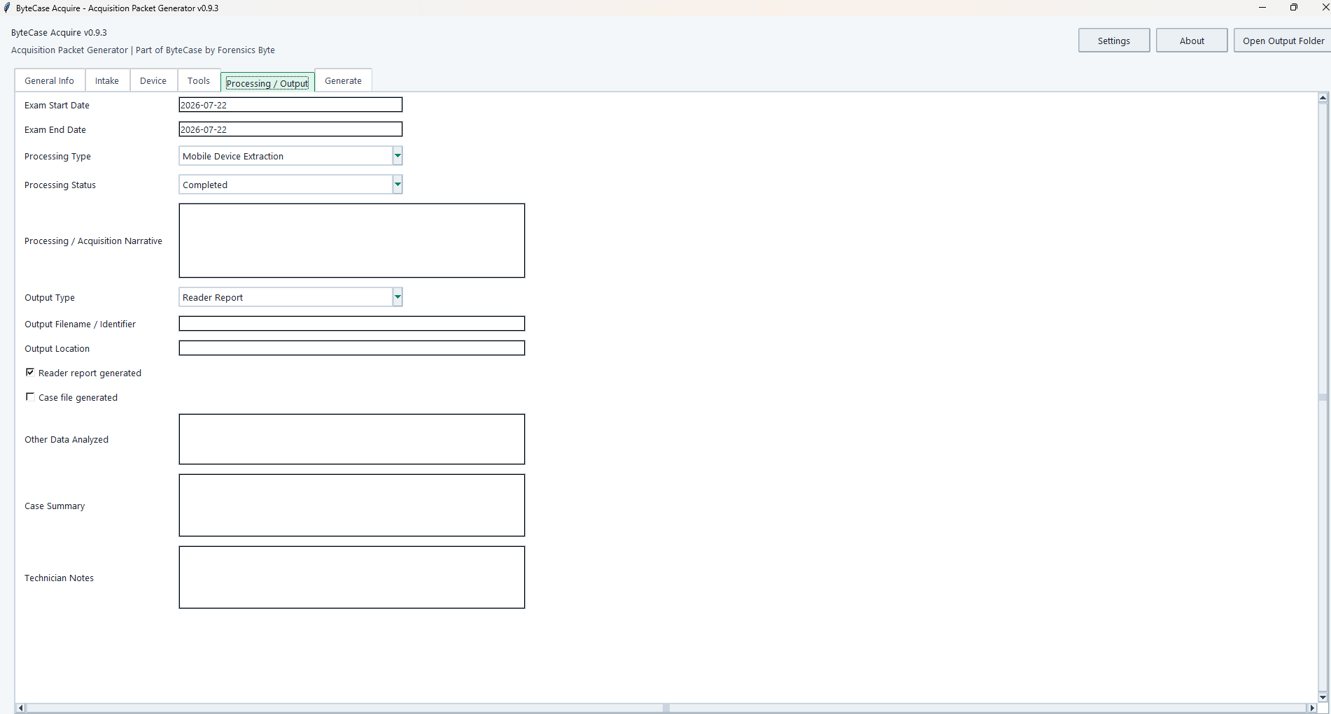 ByteCase Acquire processing and output tab showing examination dates, narrative, outputs, summary, and notes