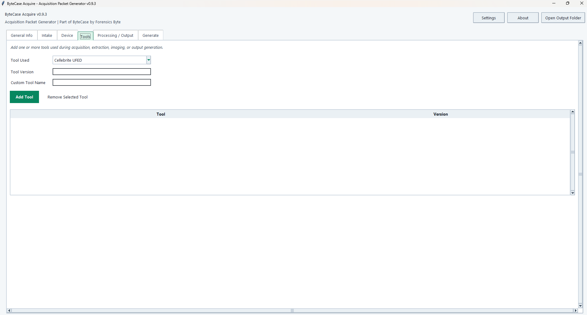 ByteCase Acquire tools tab showing forensic tool and version records