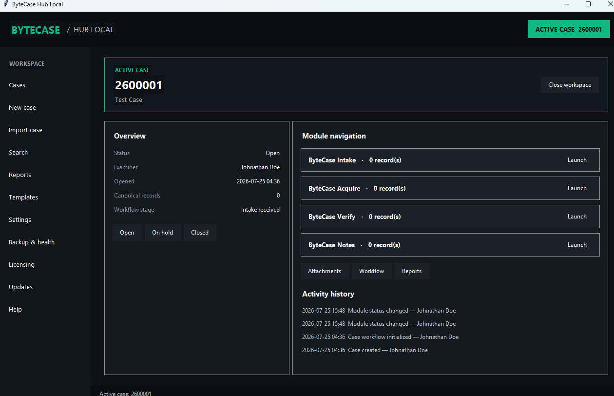 ByteCase Hub Local active case dashboard showing overview, module navigation, and activity history