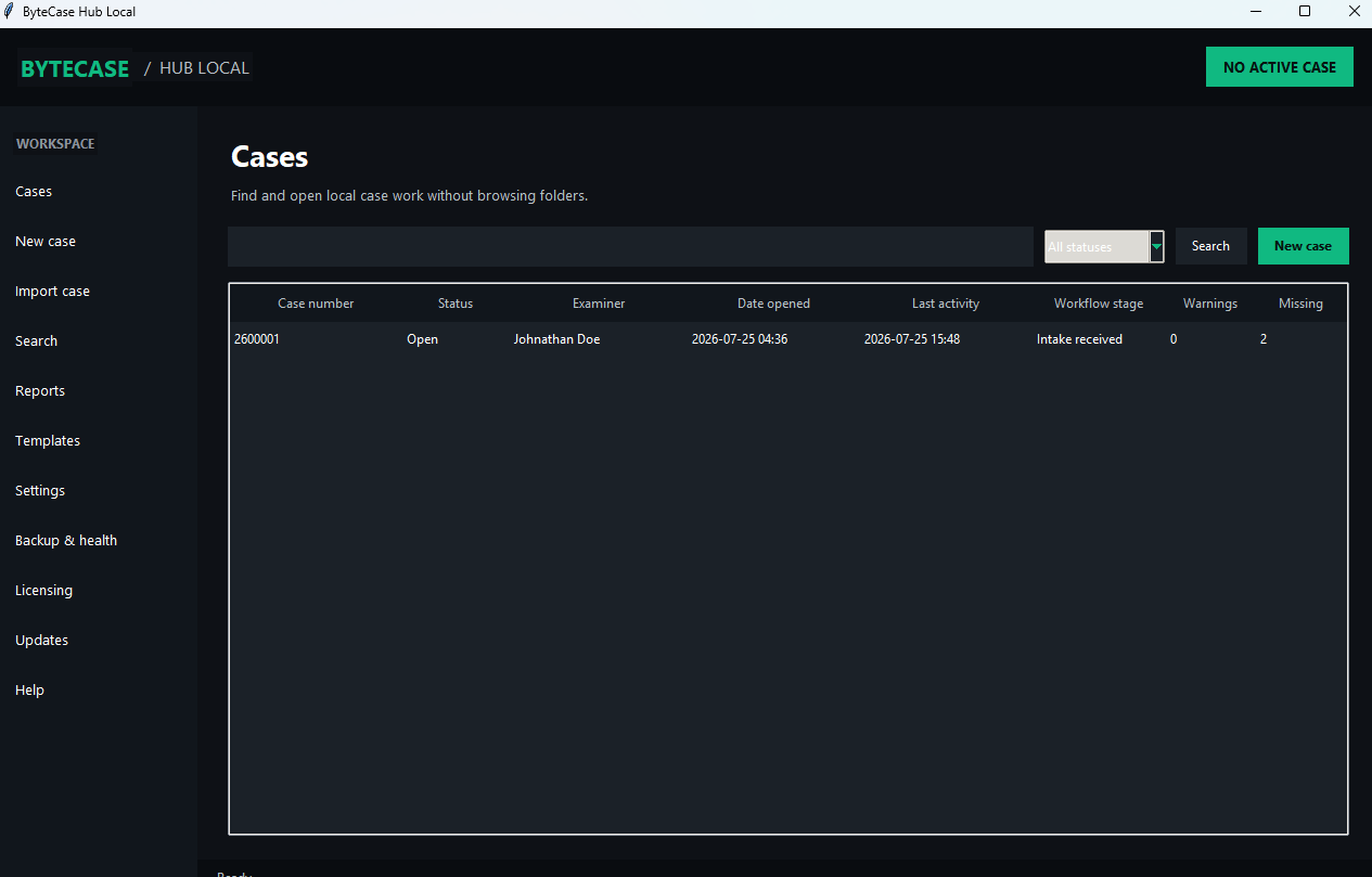 ByteCase Hub Local case list showing case number, status, examiner, dates, workflow stage, warnings, and missing records