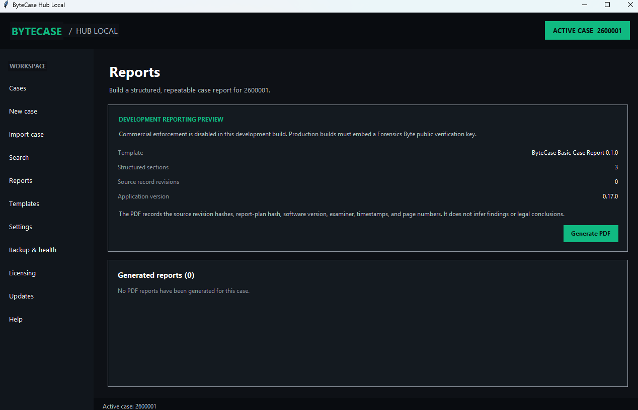 ByteCase Hub Local reports workspace showing report template, structured sections, source revisions, and PDF generation