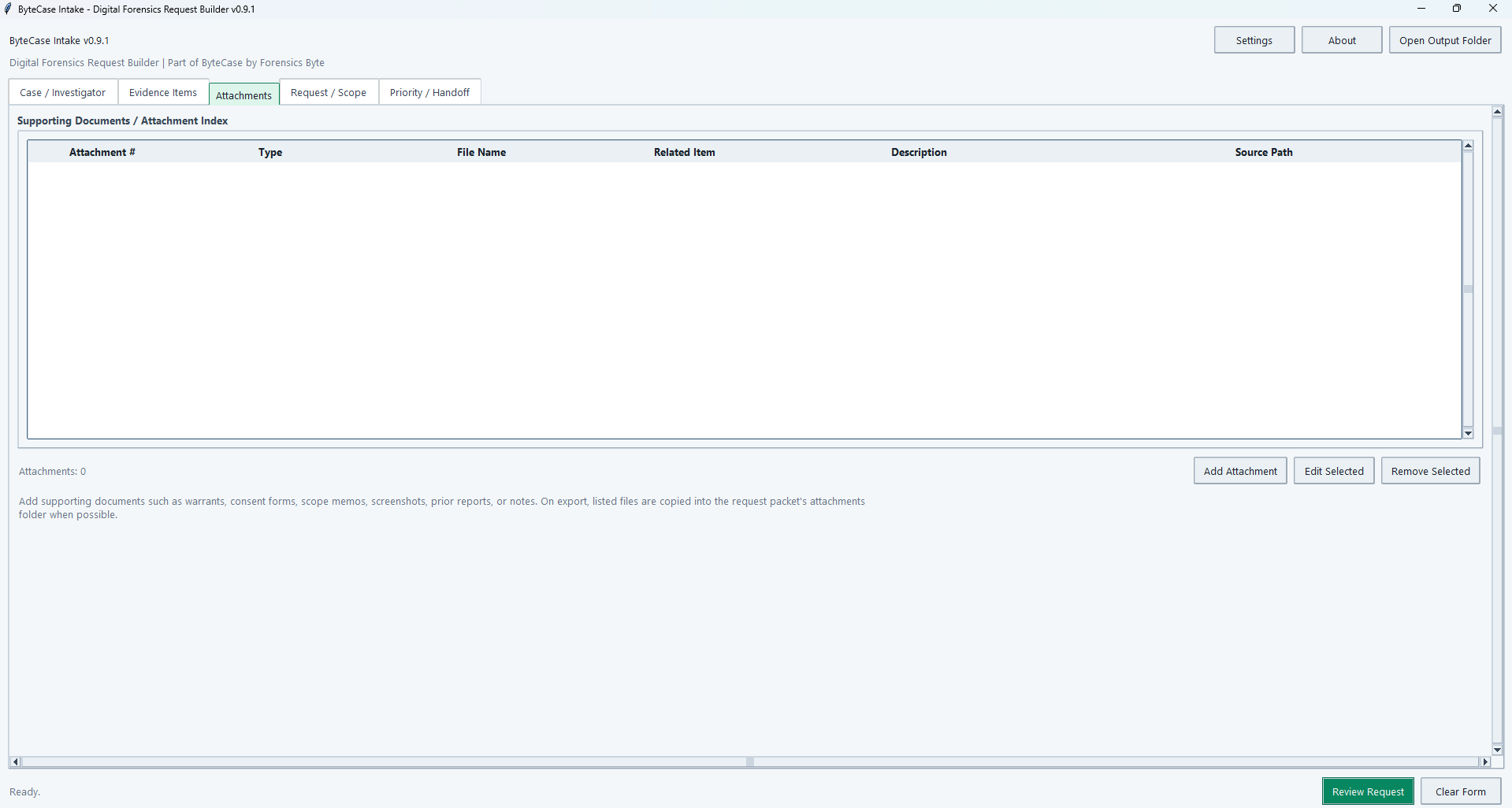 ByteCase Intake attachments workspace showing the supporting-document index