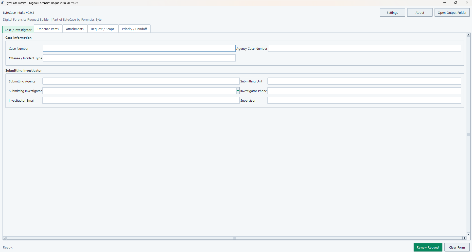 ByteCase Intake case and investigator workspace showing case identifiers and submitting investigator fields