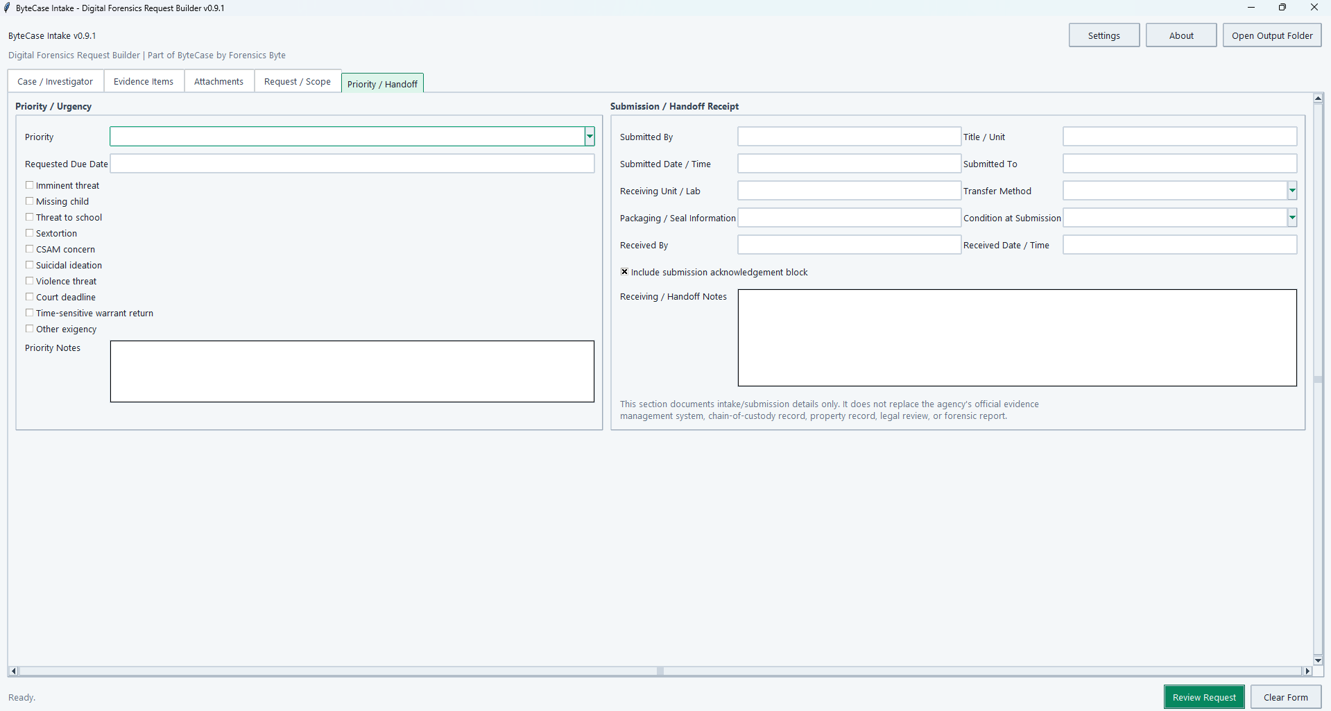 ByteCase Intake priority and handoff workspace showing urgency and submission details