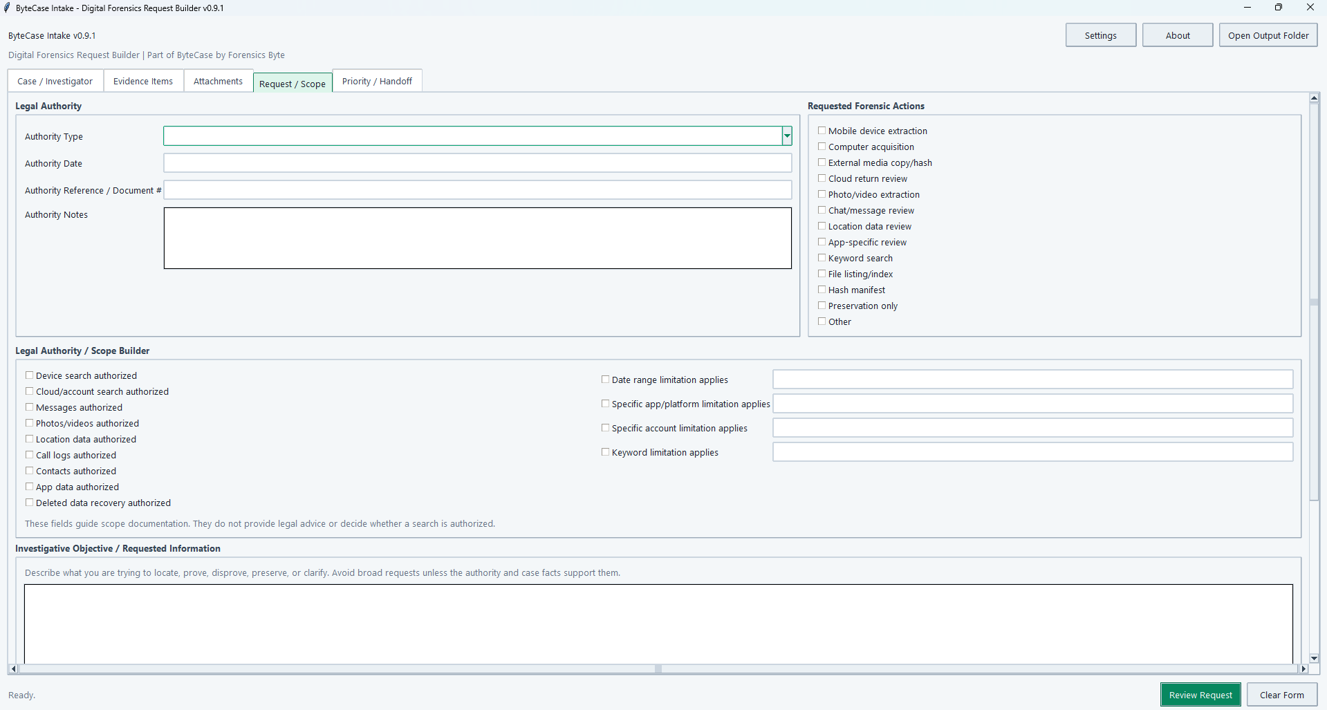 ByteCase Intake request and scope workspace showing authority references, requested forensic actions, and scope limitations