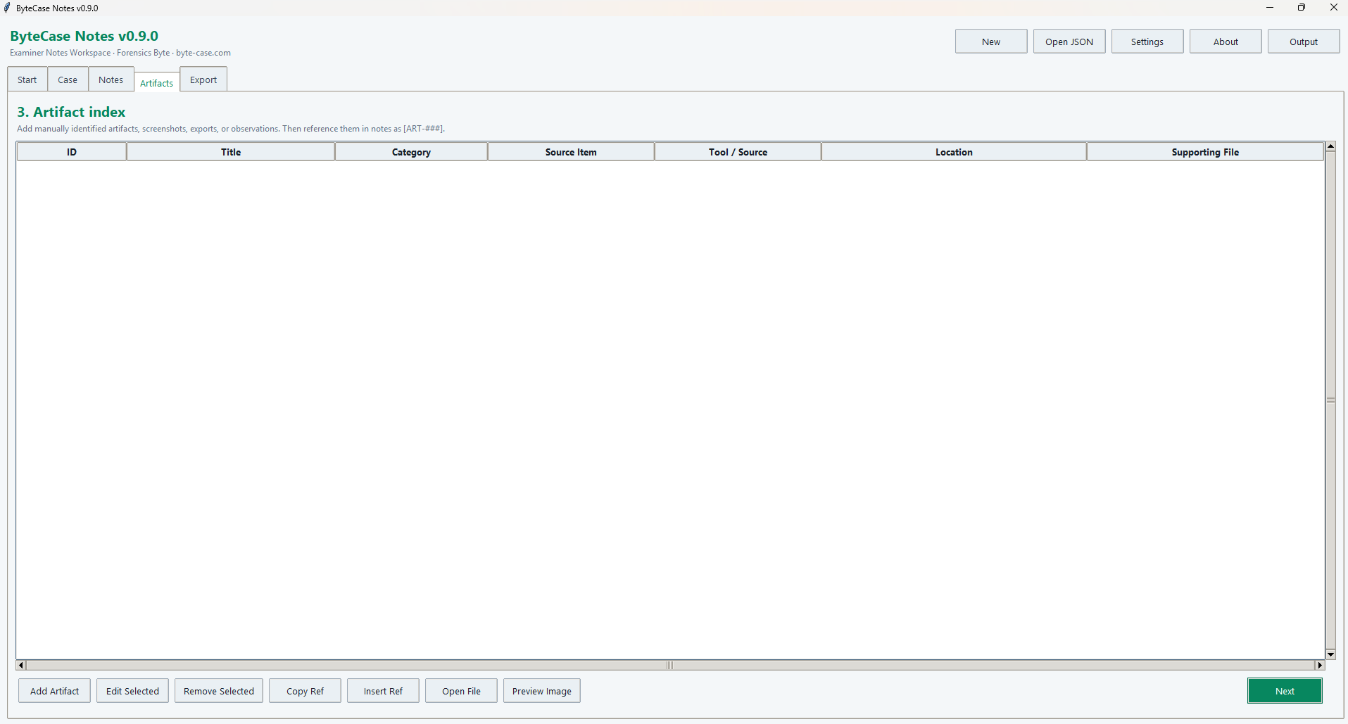 ByteCase Notes artifact index showing identifiers, titles, categories, source items, tools, locations, and supporting files