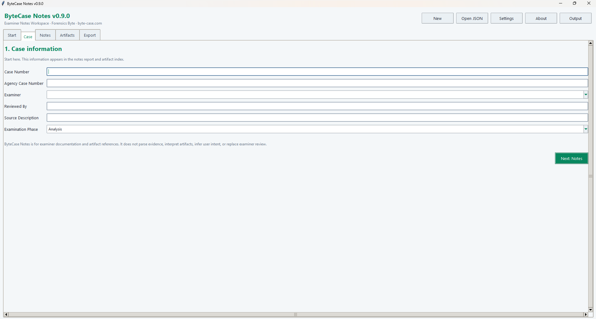 ByteCase Notes case tab showing case identifiers, examiner, reviewer, source description, and examination phase