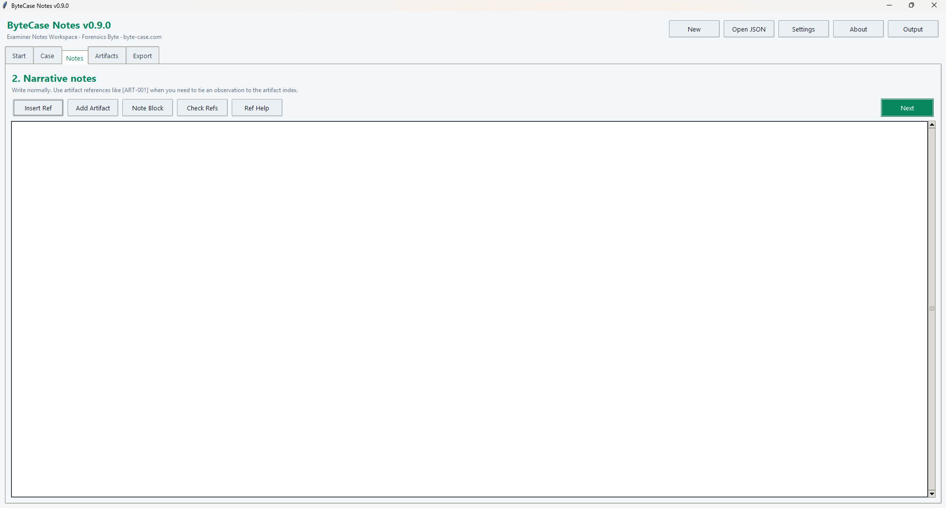 ByteCase Notes narrative tab showing the examiner notes workspace and artifact reference controls