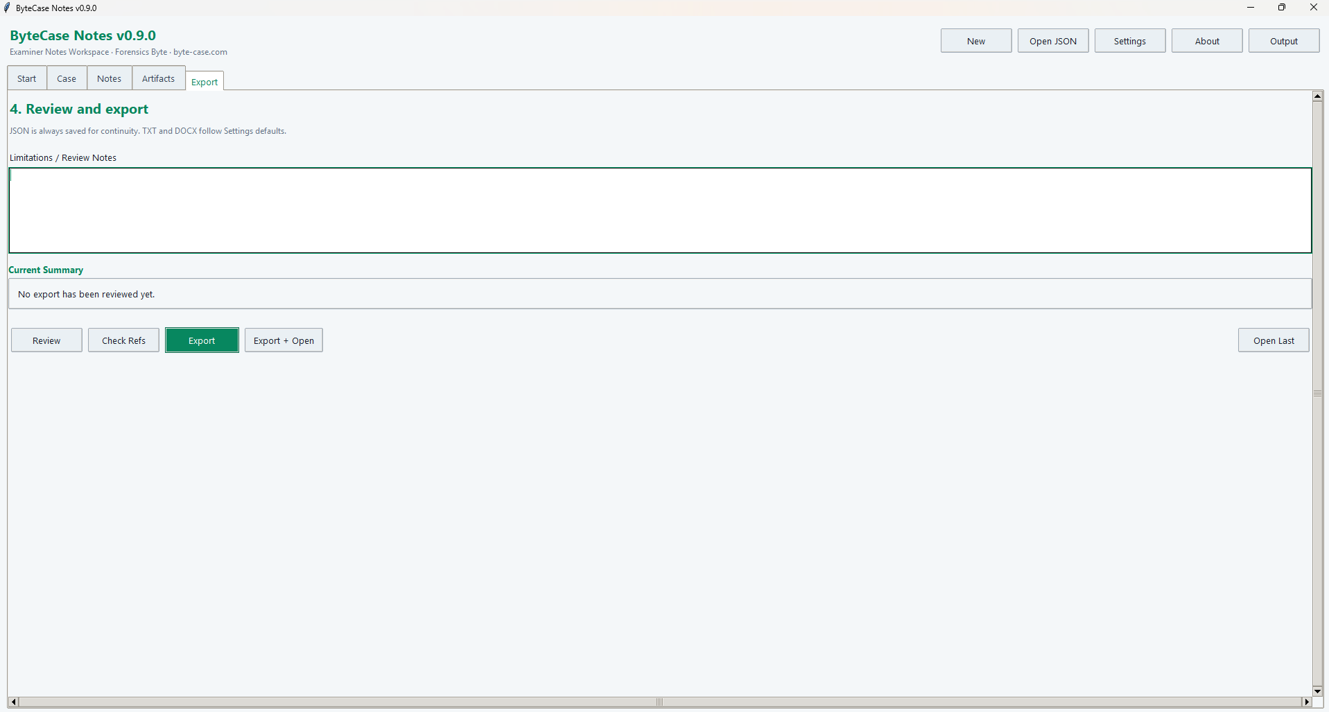 ByteCase Notes export tab showing review notes, reference checks, and export controls