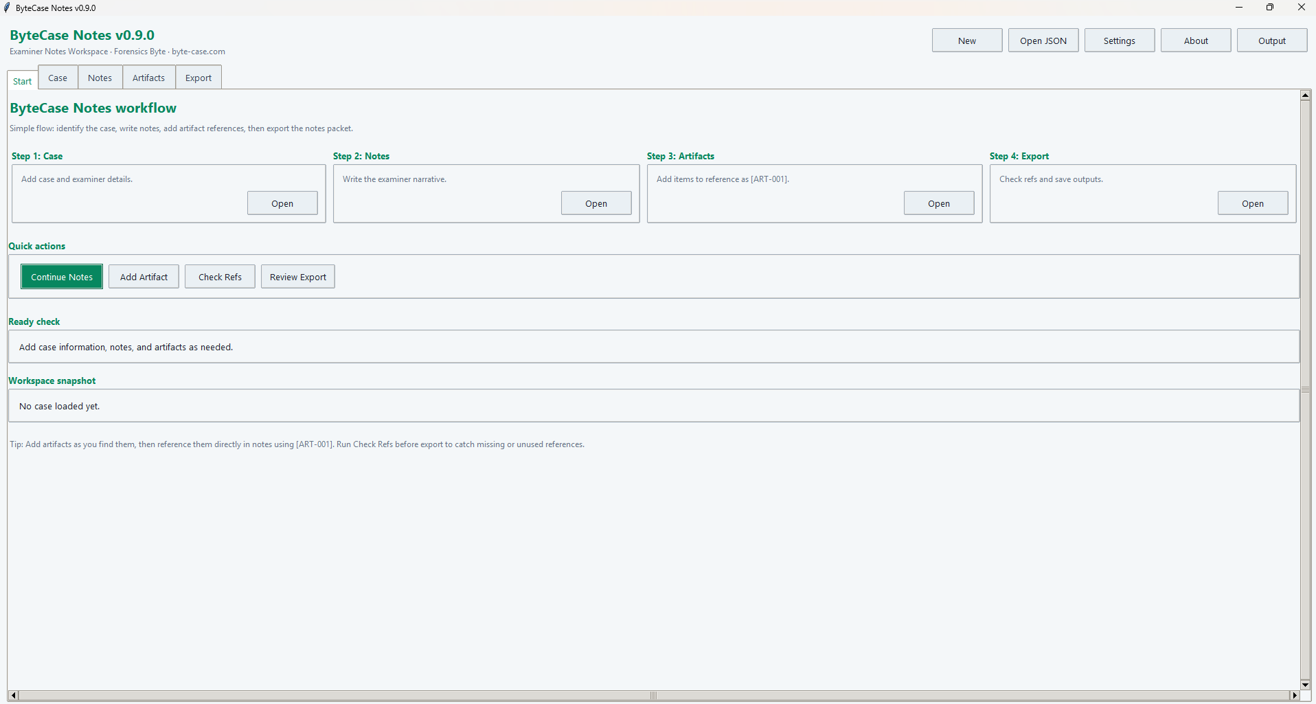 ByteCase Notes start tab showing the four-step notes workflow and quick actions
