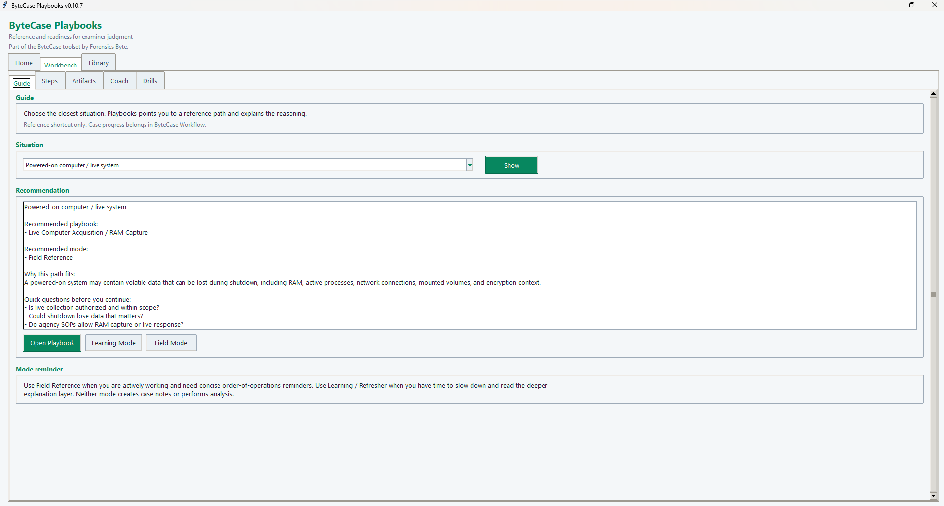 ByteCase Playbooks guide workspace showing a recommended playbook and quick examiner questions