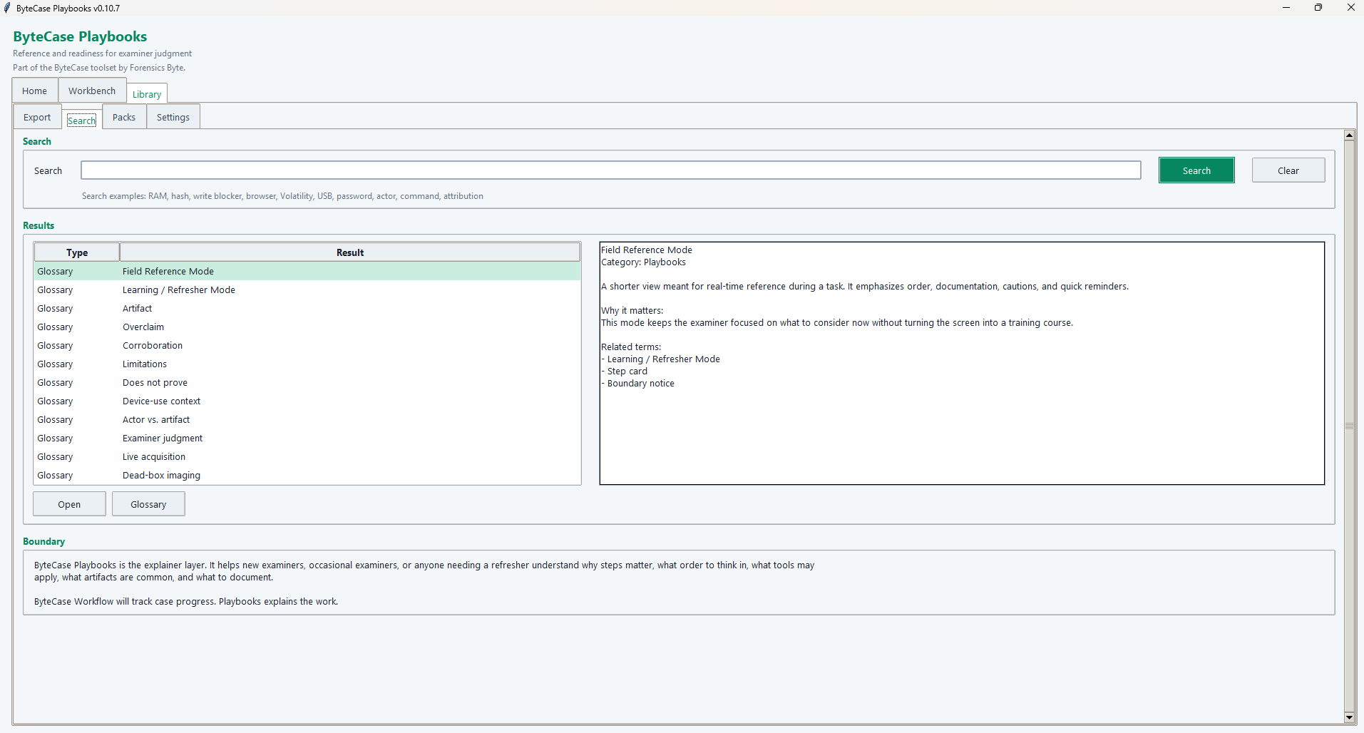 ByteCase Playbooks search workspace showing glossary and reference results
