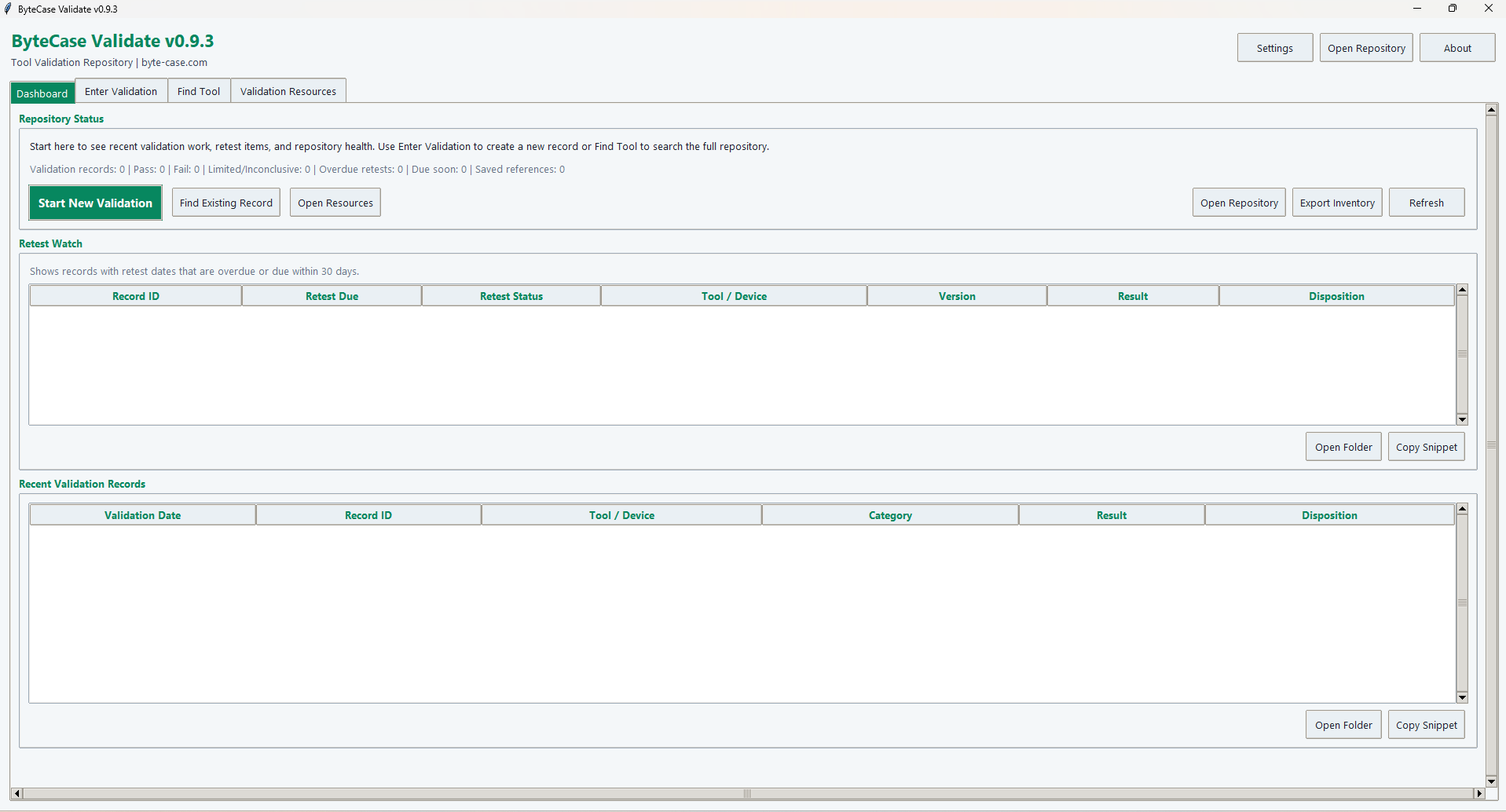 ByteCase Validate dashboard showing repository status, retest watch, and recent validation records