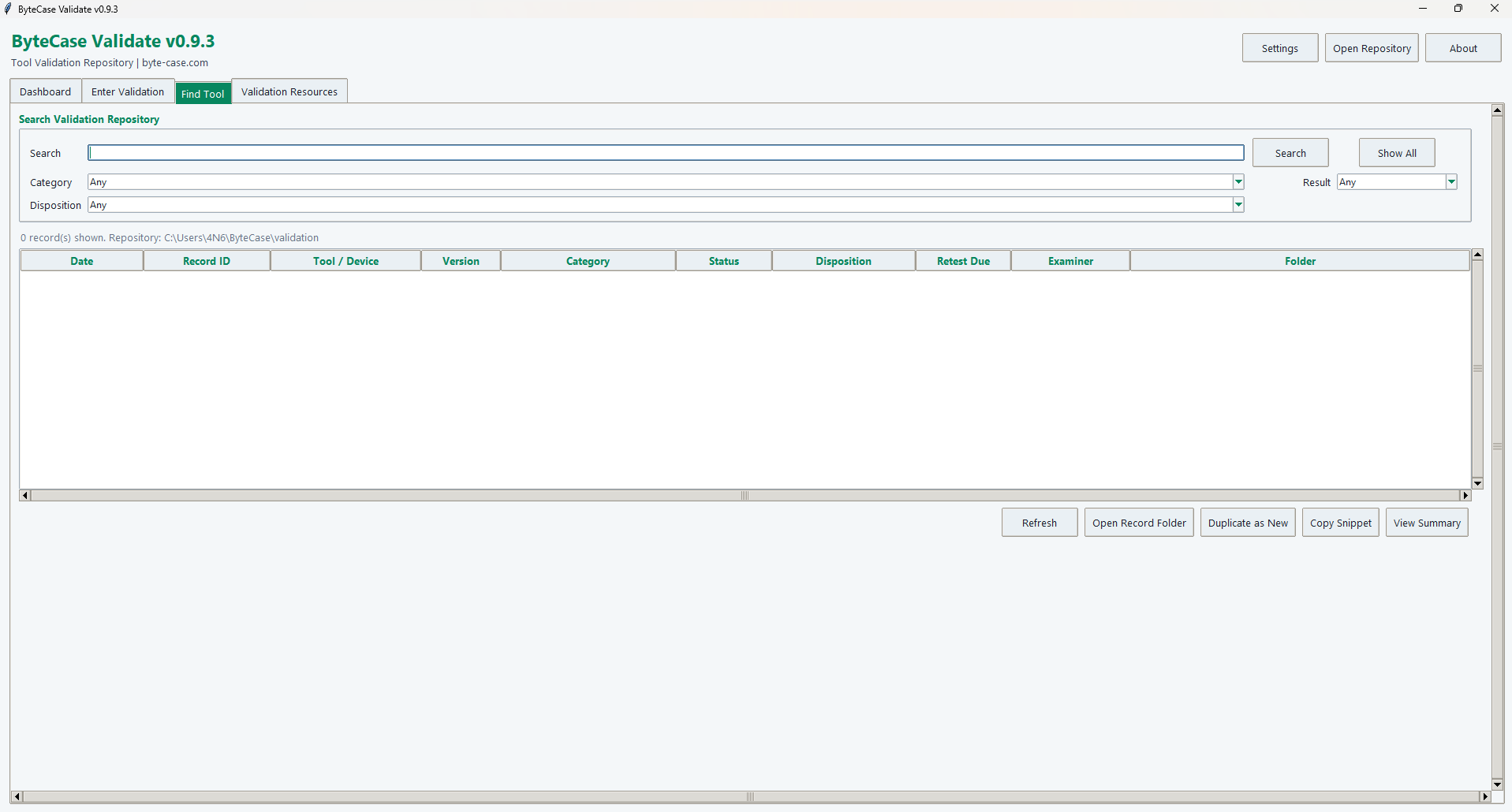 ByteCase Validate repository search showing filters and validation-record columns