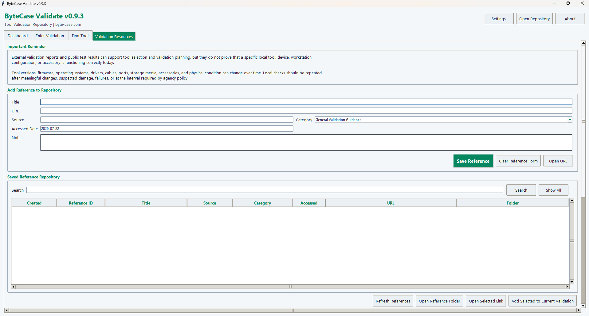 ByteCase Validate resources workspace showing external references and the saved reference repository