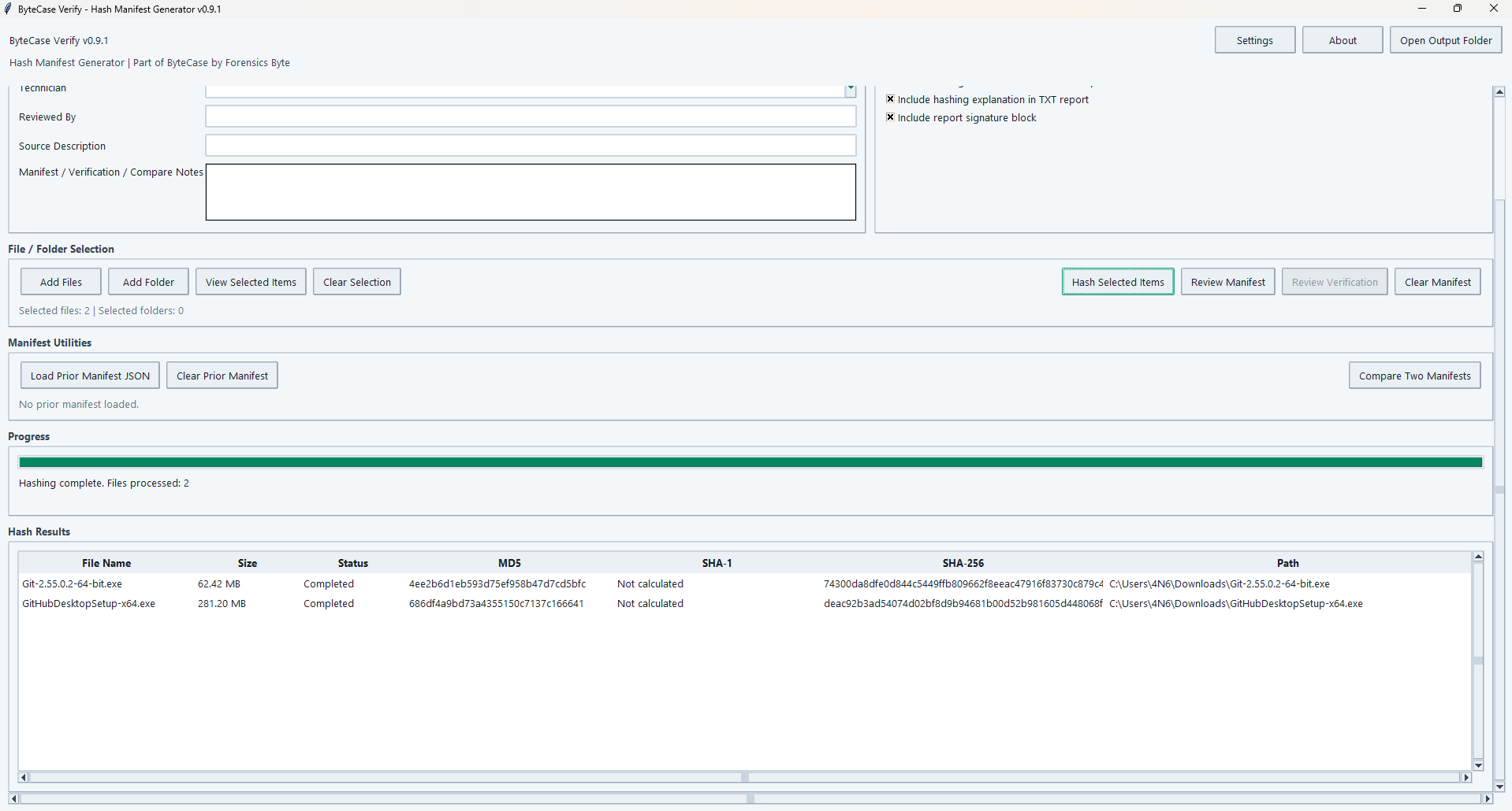 ByteCase Verify workspace showing selected files, hashing progress, and completed hash results