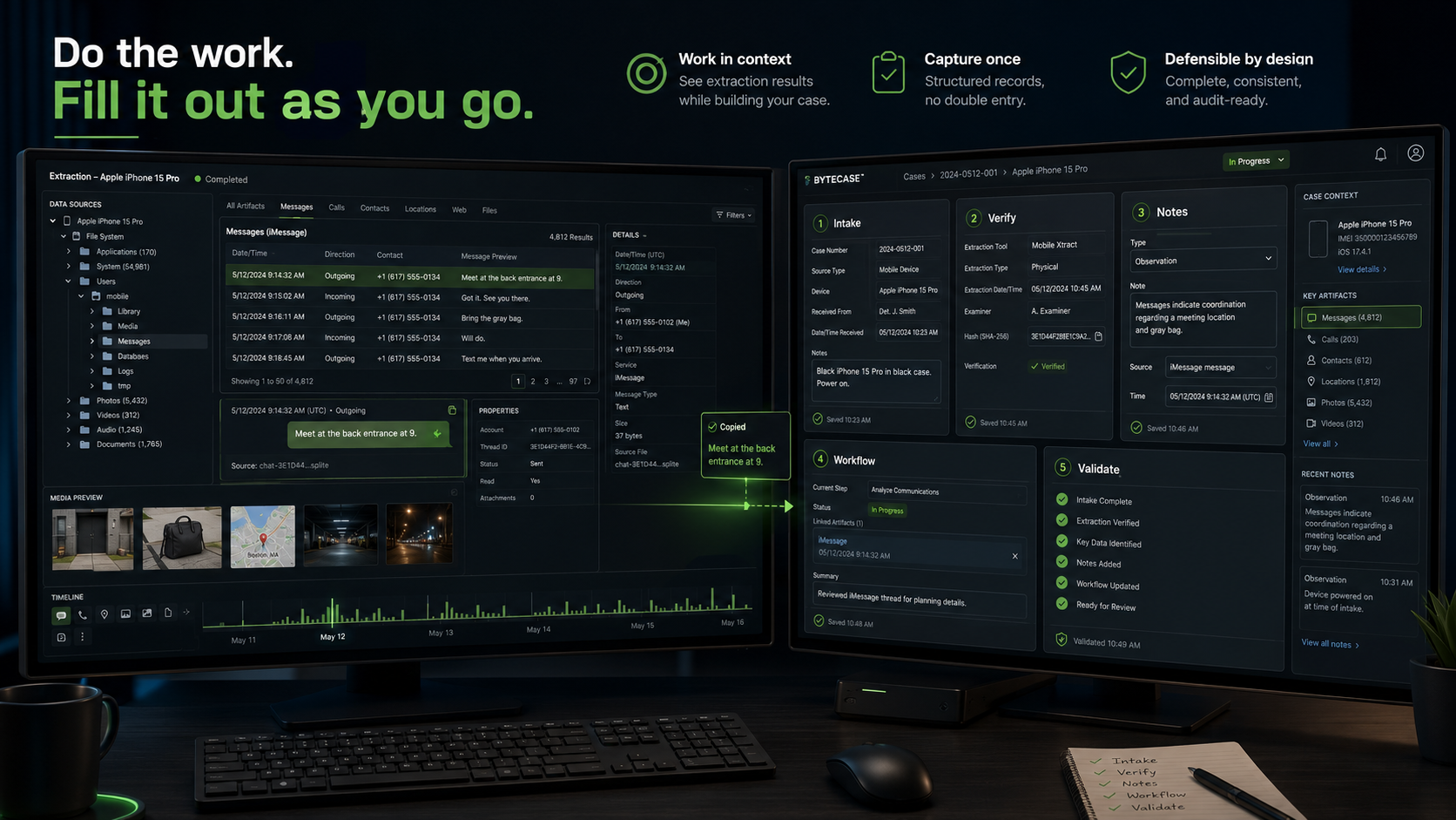 Dual-monitor digital forensics workstation with an extraction and analysis platform on the left monitor and ByteCase workflow documentation tools on the right monitor.